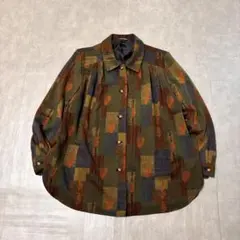 vintage 総柄シャツ パッチワーク風 デザインボタン L レトロ 古着