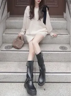 ワンショルダーベロアリボンニットミニワンピース