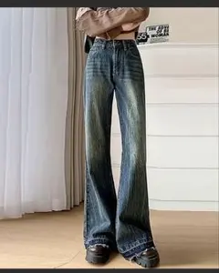 ダメージ加工ダークブルーワイドレッグジーンズMサイズ フレアデニム