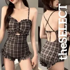 体型カバー 水着 レディース ワンピース チェック柄 韓国 服 レディース