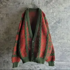 総柄カーディガン 緑赤 ヴィンテージ レトロ フリー