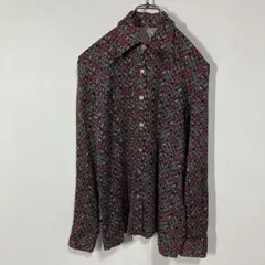 ヴィンテージ　パターン柄　レトロボタン　スクエアカット　ニット　長袖シャツ　古着
