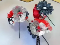 成人式 髪飾り メタルフラワー シルバー 赤黒 卒業式 入学式 レッド 和