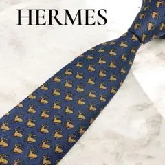 HERMES エルメス ネクタイ 鹿柄 アニマル シルク 肉厚 ブルー　美品