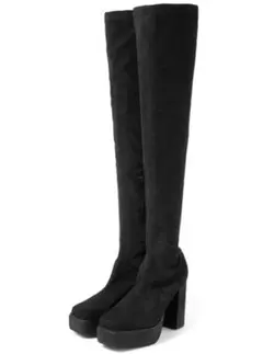 厚底スクエアトゥストレッチニーハイブーツ