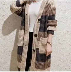 フード付きストライプニットカーディガン