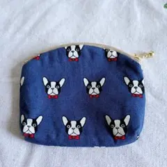 ハンドメイド　フレンチブルドッグミニポーチ ネイビー