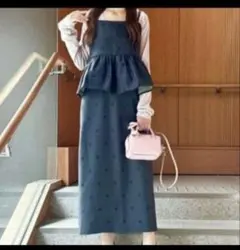 ドット ペプラム キャミワンピース ブラックしまむらhiichan 低身長 SPのサムネイル
