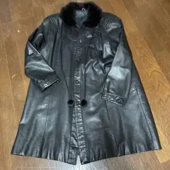 ブラックレザー ロングコート ファー付き