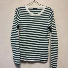 緑ボーダー リブ編みニット M