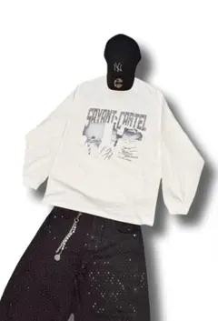 U8D7 中国韓黒MIXストリート ビッグロングTシャツ　メンズS ホワイト