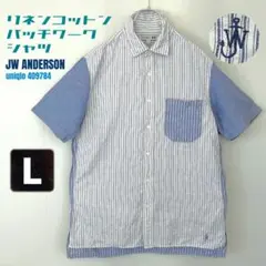麻綿パッチワークシャツ/ストライプ/半袖★JWアンダーソン/ユニクロ★メンズL