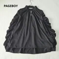 ページボーイ　バックオープンギャザーブラウス　スタンドカラー　F　黒　ゆったり