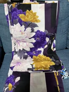 牡丹柄 浴衣 単品 紫×白×黄色 ストライプ