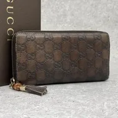 GUCCI グッチ 長財布 シマ レザー GG柄 バンブータッセル ブラウンのサムネイル