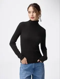 GU リブタートルネックセーター L ブラック