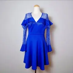 デイジーストア キャバドレス ナイトドレス 袖フレア ミニワンピ L レース 青