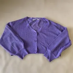 パープル メッシュ編み クロップドカーディガン　レディースM