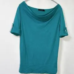 ザリミテッド 無地 ドレープネック半袖ニット XS 青緑 綿100 春夏 上品