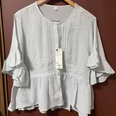 GU レースフリルブラウス(半袖) ブルー　3XL