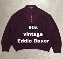 90s黒タグエディーバウアーコットンニットXXL相当紫ヘンリーネックヴィンテージ
