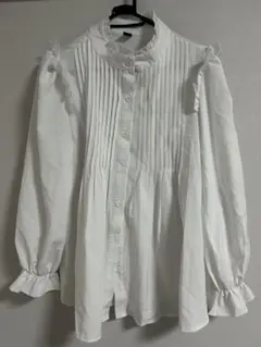 ホワイト プリーツ フリルシャツ 長袖