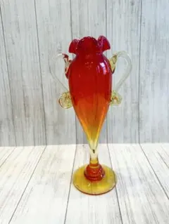 琉球ガラス 花瓶 フラワーベース 手づくり フリル 赤 オレンジ