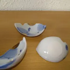 青い模様の葉型小皿 3点セット