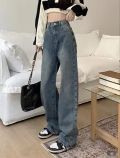 SHEIN 無地柄 ハイウェスト ワイドレッグ ジーンズ