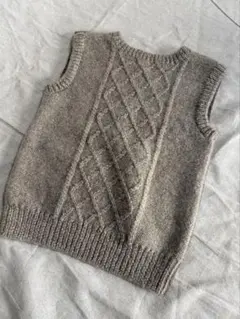手編み ウール リバーシブルニットベスト ベージュ×ブラウン ケーブル編み