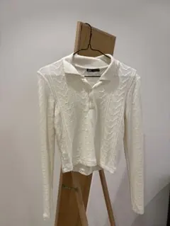 ZARA ホワイト ニット 長袖ポロシャツ