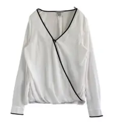 H&M バイカラー Vネックカシュクールブラウス くるみボタン長袖 白黒 M