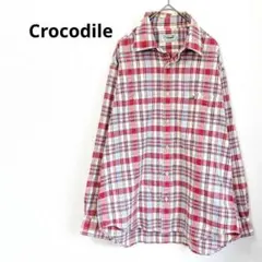 クロコダイル　チェック柄 長袖シャツ　ワニロゴ　綿100％　メンズ　刺繍