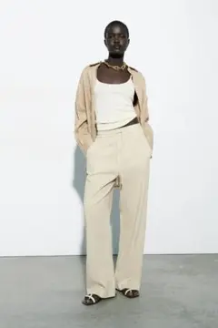 ZARA ベージュ ワイドパンツ ドローストリング