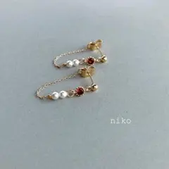 211｜ レッド ジルコニア パール チェーン ピアス イヤリング アクセサリー