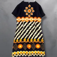 70sヴィンテージ 幾何学 花柄 ワンピース レトロモダン　古着　昭和レトロ