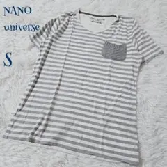 ナノユニバース】コットン100 胸ポケット 異素材切替 ボーダー Tシャツ S