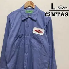 USA古着　CINTAS　ワークシャツ　長袖　L　ライトブルー　ワッペン　DOW