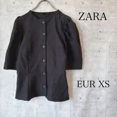 ZARA ジャケット ノーカラー パフスリーブ ぺプラム ボタン ブラック XSのサムネイル