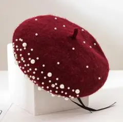 パール付きベレー帽 レッド