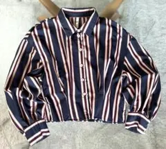 ZARA trf ストライプ柄 長袖シャツ ネイビー Sサイズのサムネイル