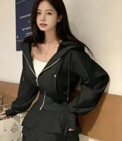 SHEIN 다기능 대형 라펠 더블 Zip 짧은 파커 블랙