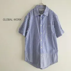 GLOBALWORKグローバルワーク ストライプ 綿 半袖シャツ M ブルー 白のサムネイル
