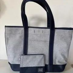 PORTER トートバッグ グレー/ネイビー ポーチ付き