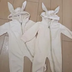 ウサギ　ロンパース ベージュ 2点セット　双子　80