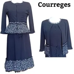 【美品】クレージュ ノーカラー フリル セットアップ スーツ ベルト付