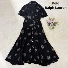 ポロラルフローレン　花柄　ロングワンピース　Aライン　フレア　ブラック　薔薇