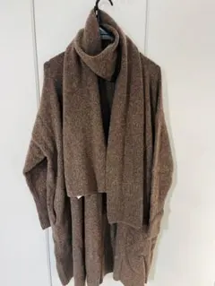 PLST 羊毛 ヤク混 ロングカーディガン M 茶 マフラー付