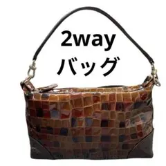 エナメル ハンドバッグ オーストリッチ ショルダーバッグ 2way ブラウン