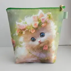 ふわふわ白猫ちゃん柄・両面・まち付きポーチ